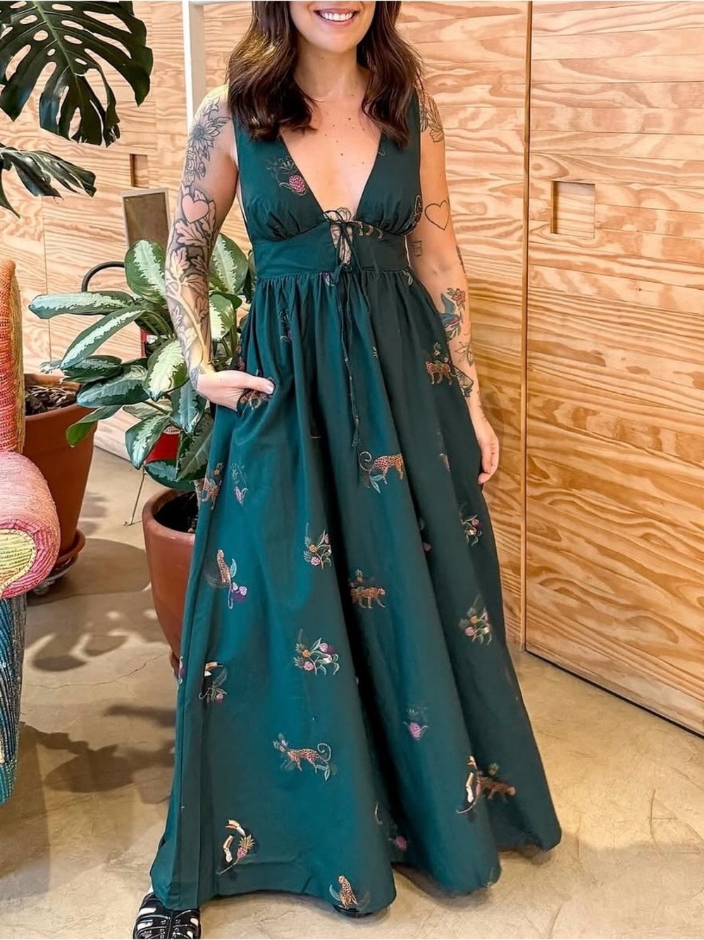 FARM Rio Dark Green Floral Tie-Front Maxi Dress Size M - Picture 2 of 9